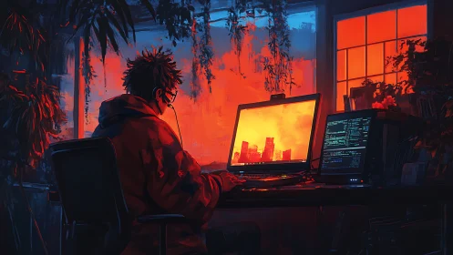 Nocturnal coder in dual-monitor neon-lit studio enclave.