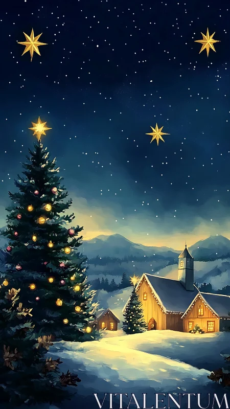 Digital painting of snowy Christmas village under starlit sky.