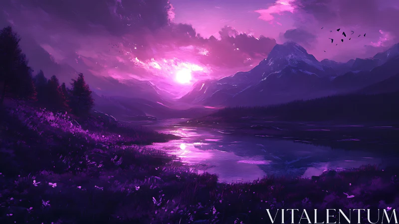 Dreamy violet sunset over peaceful mountain lake.
