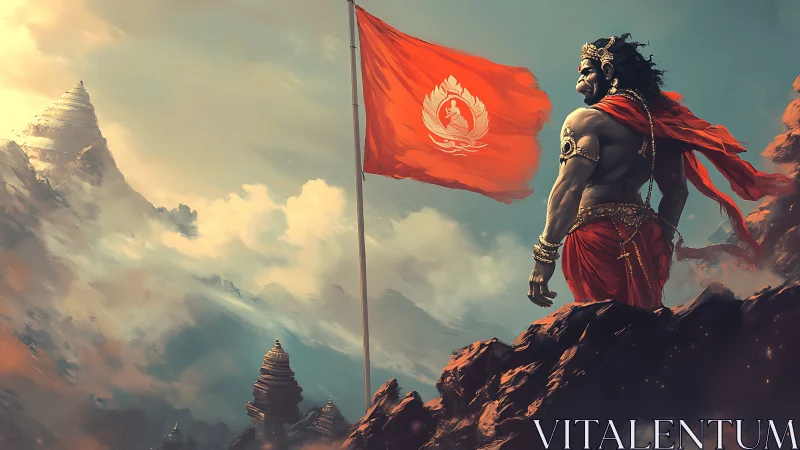 Mythic warrior guards a blazing red banner above temples.