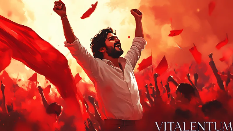 Triumphant crowd leader rendered in dramatic red tonal contrast