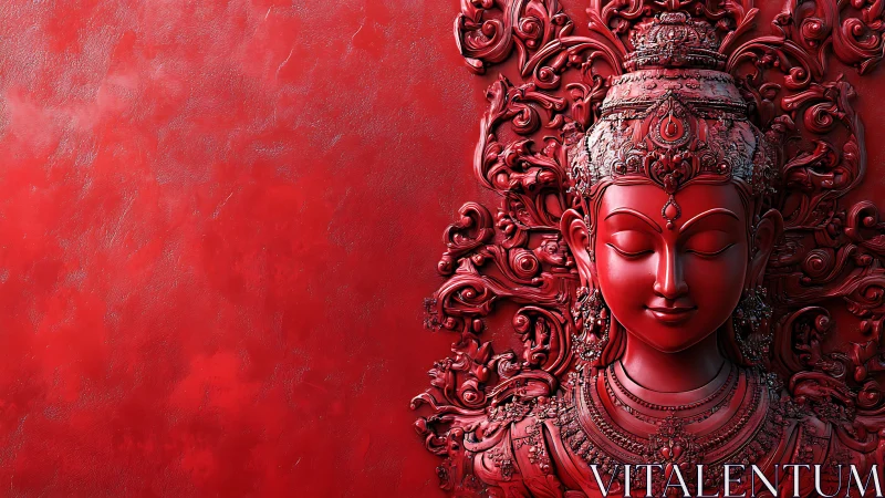 Crimson serenity goddess relief carved in ornate stillness.