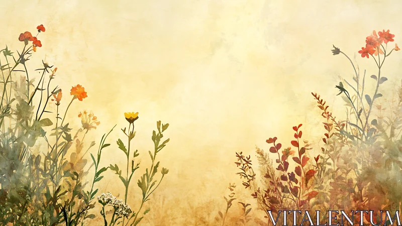 Wildflower silhouettes frame a luminous textured parchment field