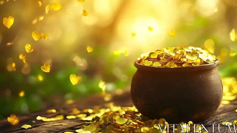 Golden heart coins spill from a sunlit enchanted cauldron.
