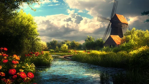 Digital painting rural river scene with sunlit windmill structure.