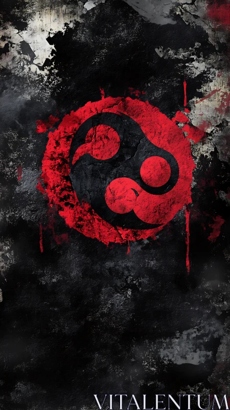 Grunge red triskelion emblem emerges on dark concrete wall.