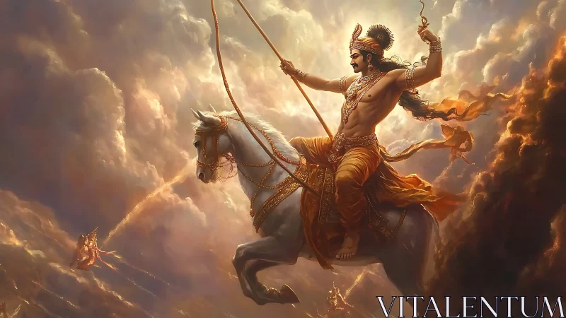 Divine warrior astride white stallion in storm-lit skies.