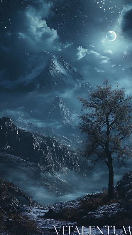 Nocturnal alpine ravine rendered in luminous monochrome blue