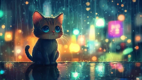 Digital rendering depicting feline subject amid rain with light emanation