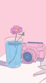 Soft pink daydream with flower, camera, and quiet light.