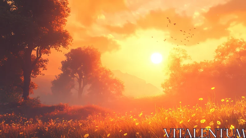 Sunlit meadow and distant trees under intense orange sky