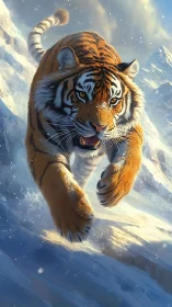 Tiger charges downhill through deep snow in winter mountains