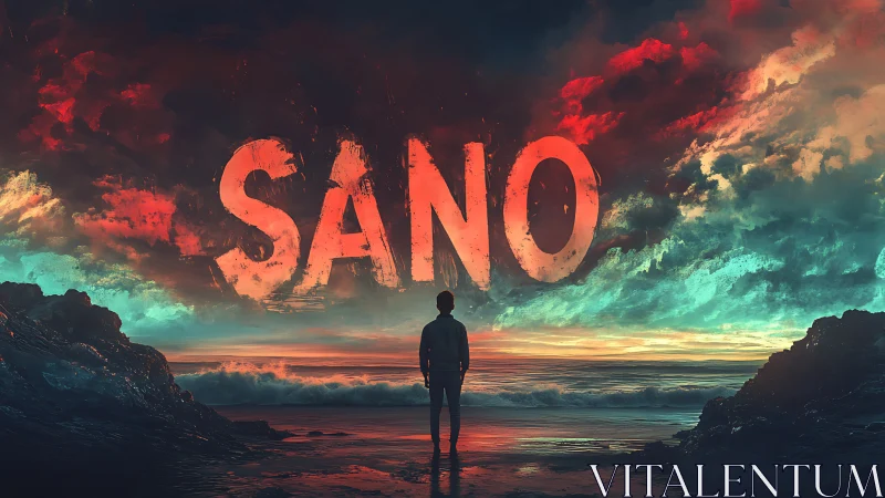 Silhouetted figure observes seascape under SANO text sky