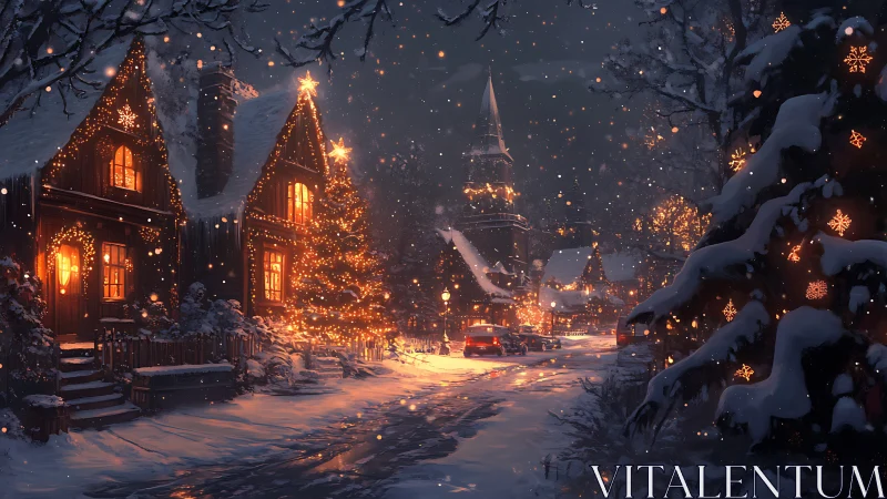 Snowy village street with glowing Christmas lights at night.