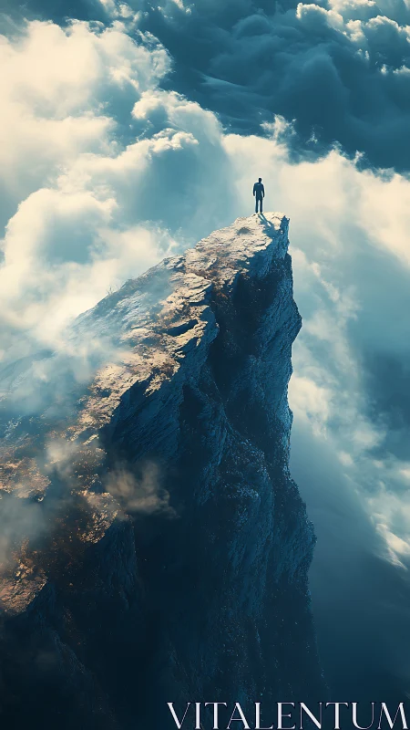 Solitary human figure stands on narrow mountain summit ridge