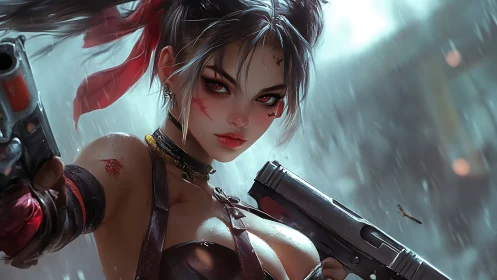 Fierce gunfighter heroine confronts enemies in driving rain