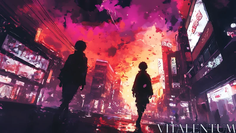 Neon dusk cityscape with silhouetted figures in digital painting.