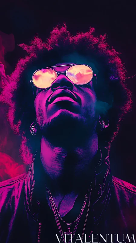Neon portrait captures reflective sunglasses and violet smoke