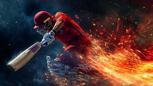 Blazing cricket striker carving sparks through cosmic night.