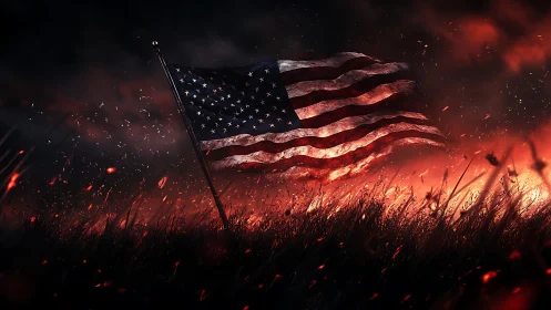 American flag positioned in foreground wildfire field.