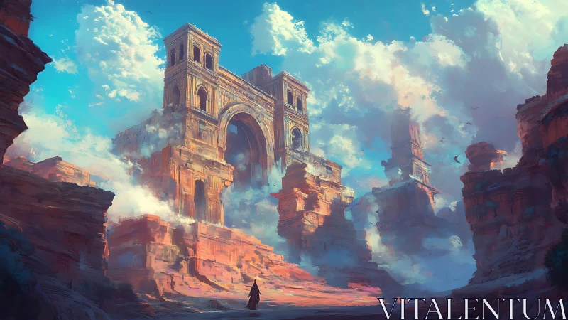 Skyborne desert citadel adrift in luminous ancient clouds.