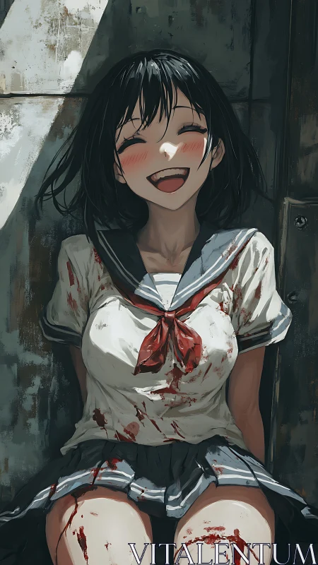 Laughing schoolgirl drenched in bloodstained twilight calm.