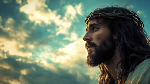 Digital profile portrait of bearded man under glowing sky.