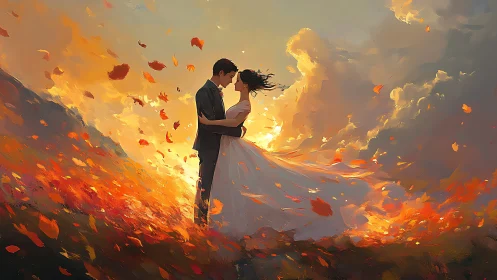 Couple in formal attire embracing amid golden autumn leaves