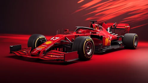 Red Formula One car slices through stylized speed trails.