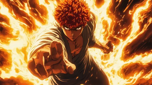 Fiery anime hero surging forward with fierce determination.
