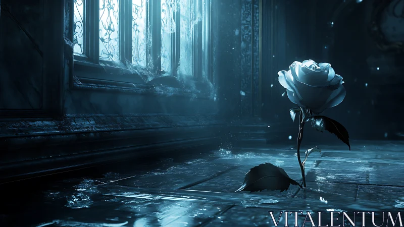 Frozen white rose glows under cold light in ruined hall