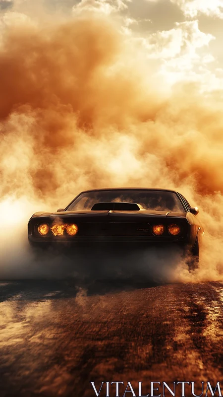 Muscle car performing burnout on wet asphalt at sunset.