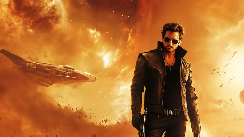 Rogue space gunslinger strides through storm of solar fire.