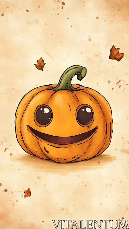 Cartoon pumpkin with carved face on textured background.
