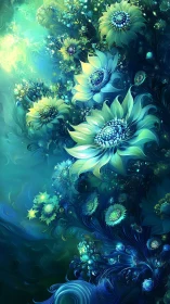 Celestial tide of teal sunflowers in a dreamlit ocean garden.