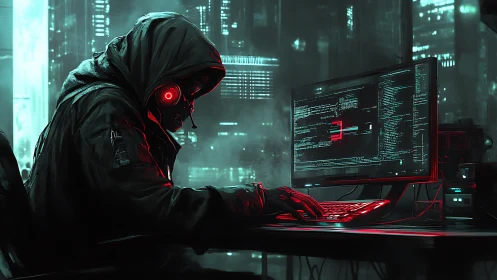 Midnight coder bends neon shadows in a cyber city glow