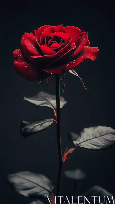 Red Rose with Dew Against Dark Background