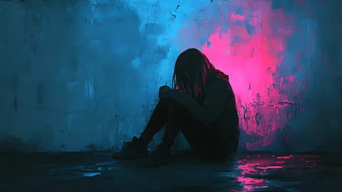 Digital painting shows lonely figure in neon alley glow.