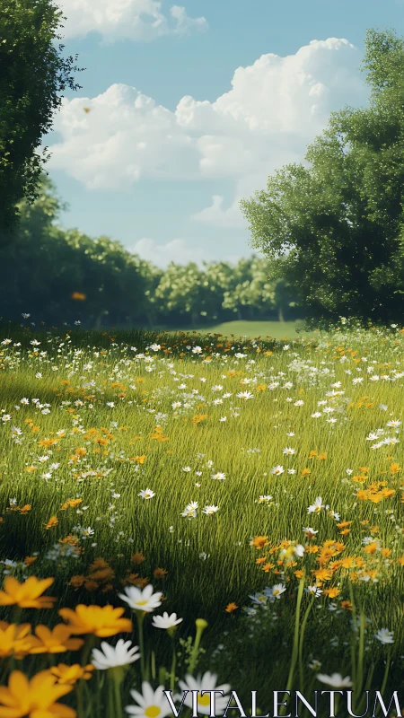 Digital meadow scene shows wildflowers under diffuse daylight