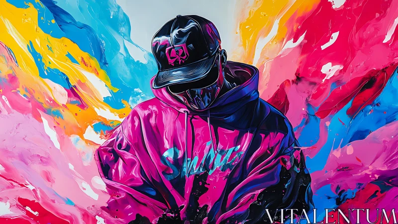 Neon streetwear figure explodes through abstract color field.