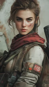 Battle-worn female soldier in realistic digital portrait.