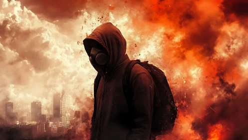 Hooded masked figure stands before dense urban explosion
