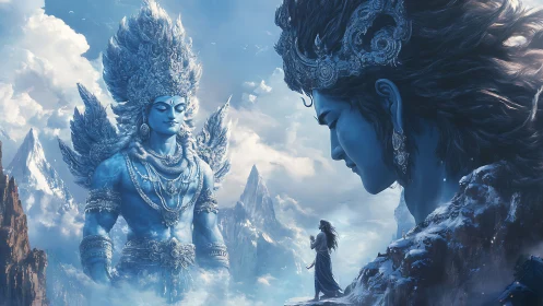 Colossal blue deities rise over snowy Himalayan peaks.