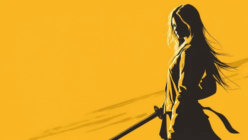 Silhouetted swordswoman profile on bold monochrome yellow field