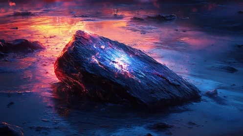 Rock with inner glow on reflective shoreline at dusk.