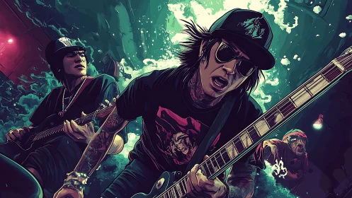 Dynamic rock guitarists in neon-lit comic-style concert scene