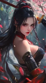 Female warrior in stylized armor with sword and blossoms.