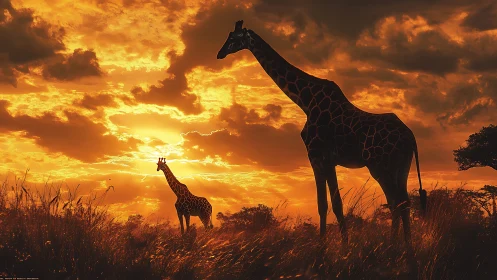 Silhouetted giraffes in fiery savanna sunset lightscape.