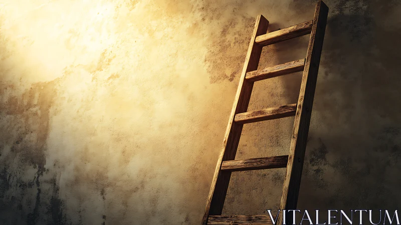 Weathered wooden ladder leans into warm directional sunlight