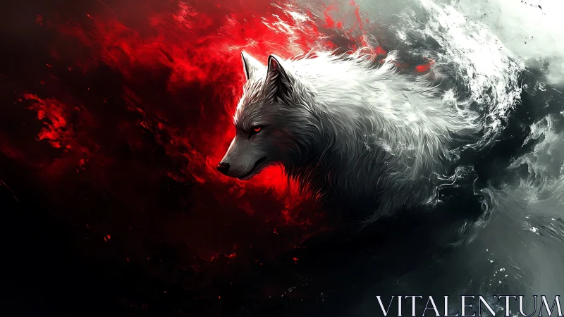 White wolf in red and black abstract digital storm.